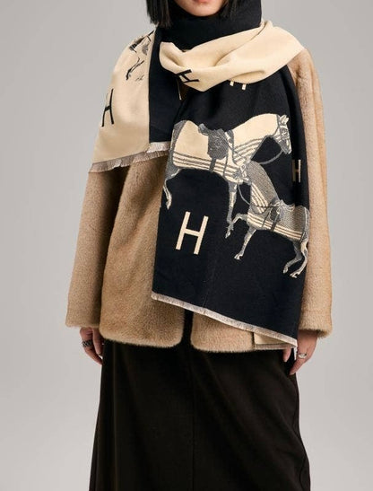 Equestrian Black & Cream Reversible “H” Stable Scarf/ Wrap: One Size