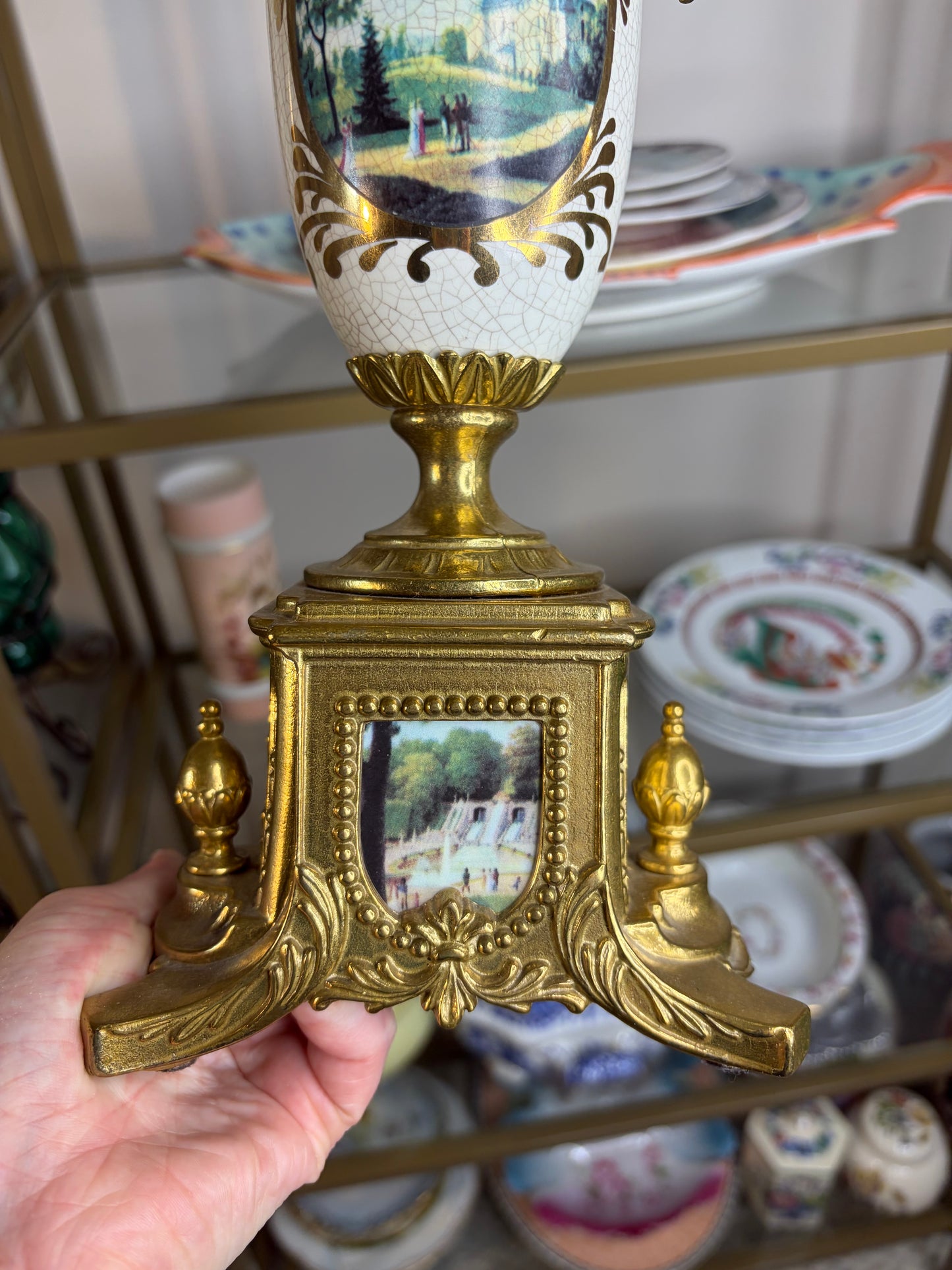 Gorgeous Italian urn with porcelain handpainted scenes and ornate brass details!