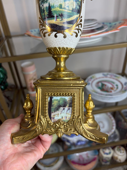 Gorgeous Italian urn with porcelain handpainted scenes and ornate brass details!