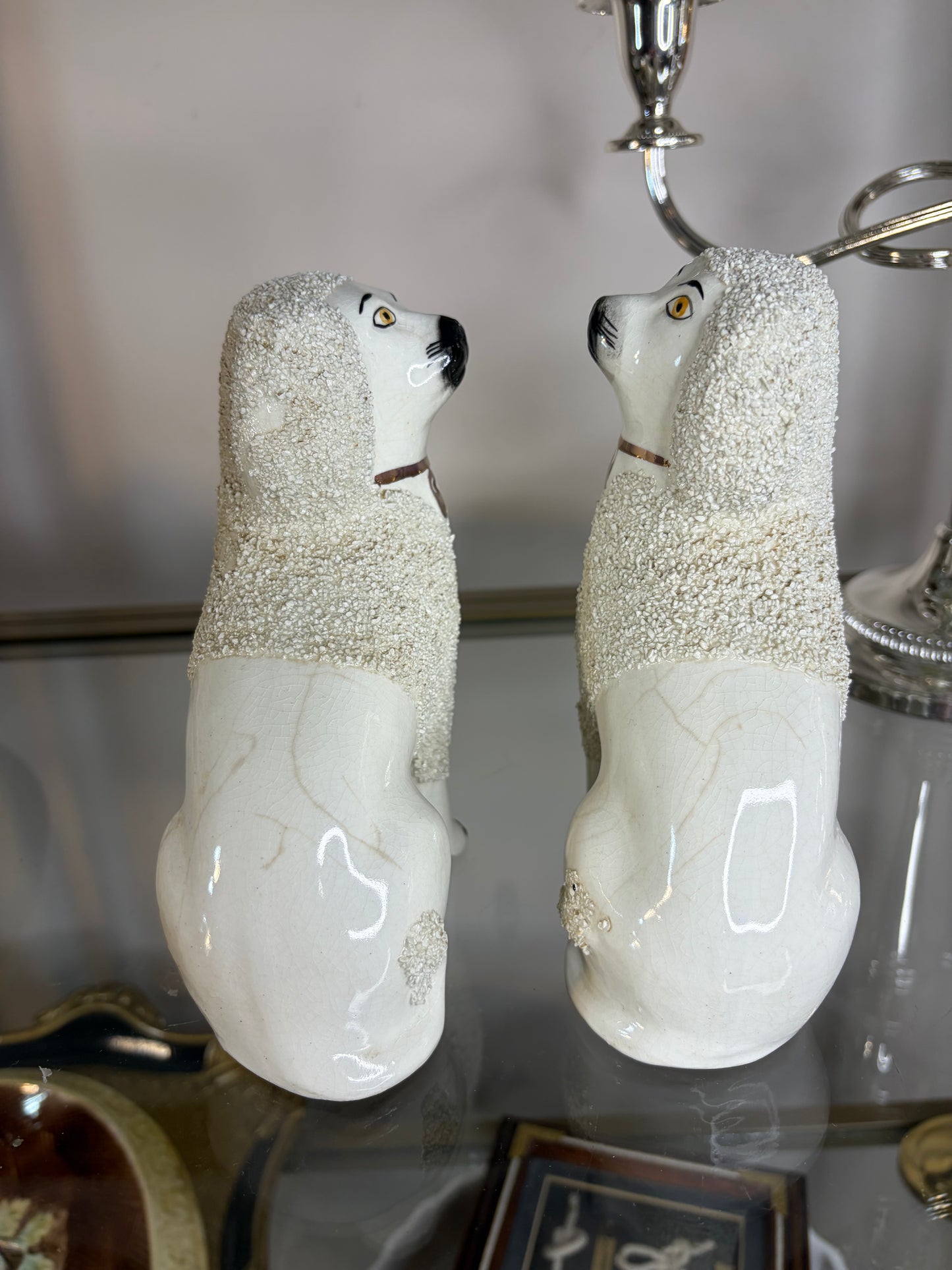 Antique Staffordshire Confetti Poodles with Separated Legs, Pair, 6.5” Tall, 19th Century