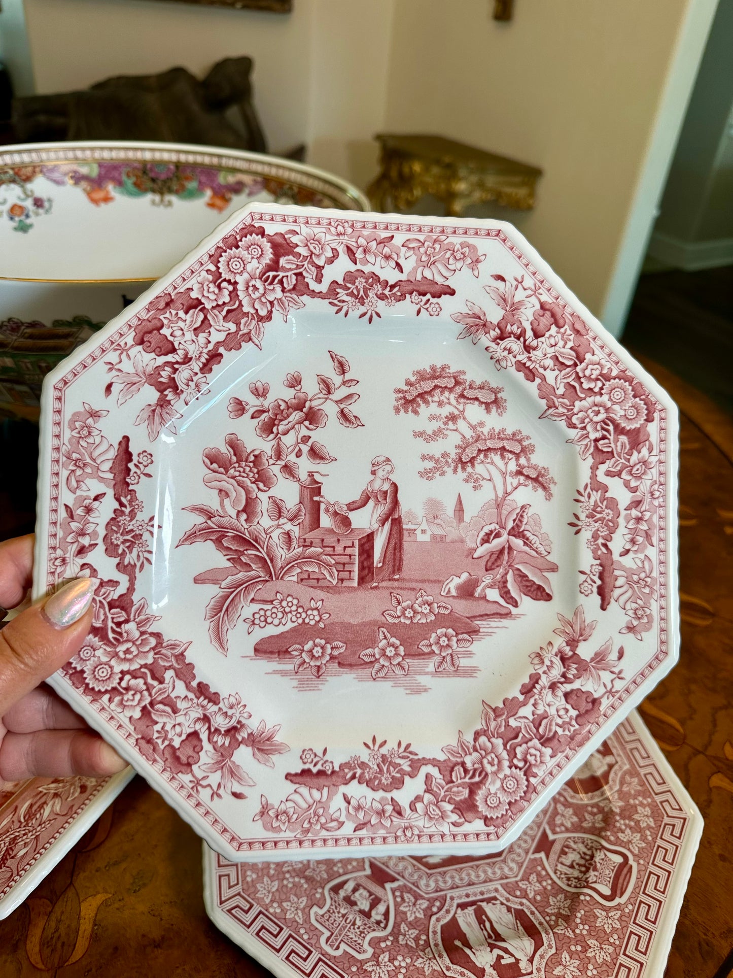 Spode Archive Sutherland Collection Red Transferware Octagonal Plates – Choice of 4 Scenic Designs, Sold Separately