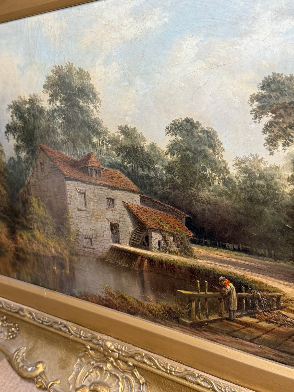 Antique A. Coleman English Landscape Oil Painting “Millpond Fishing” | Signed & Dated 1885 | Giltwood | Framed 19.75”H × 27.5”W