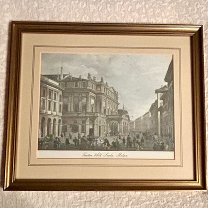 Rare Set of 2 custom color lithograph wall art Metropolitan Museums & Teatro La Scala Milan made in England