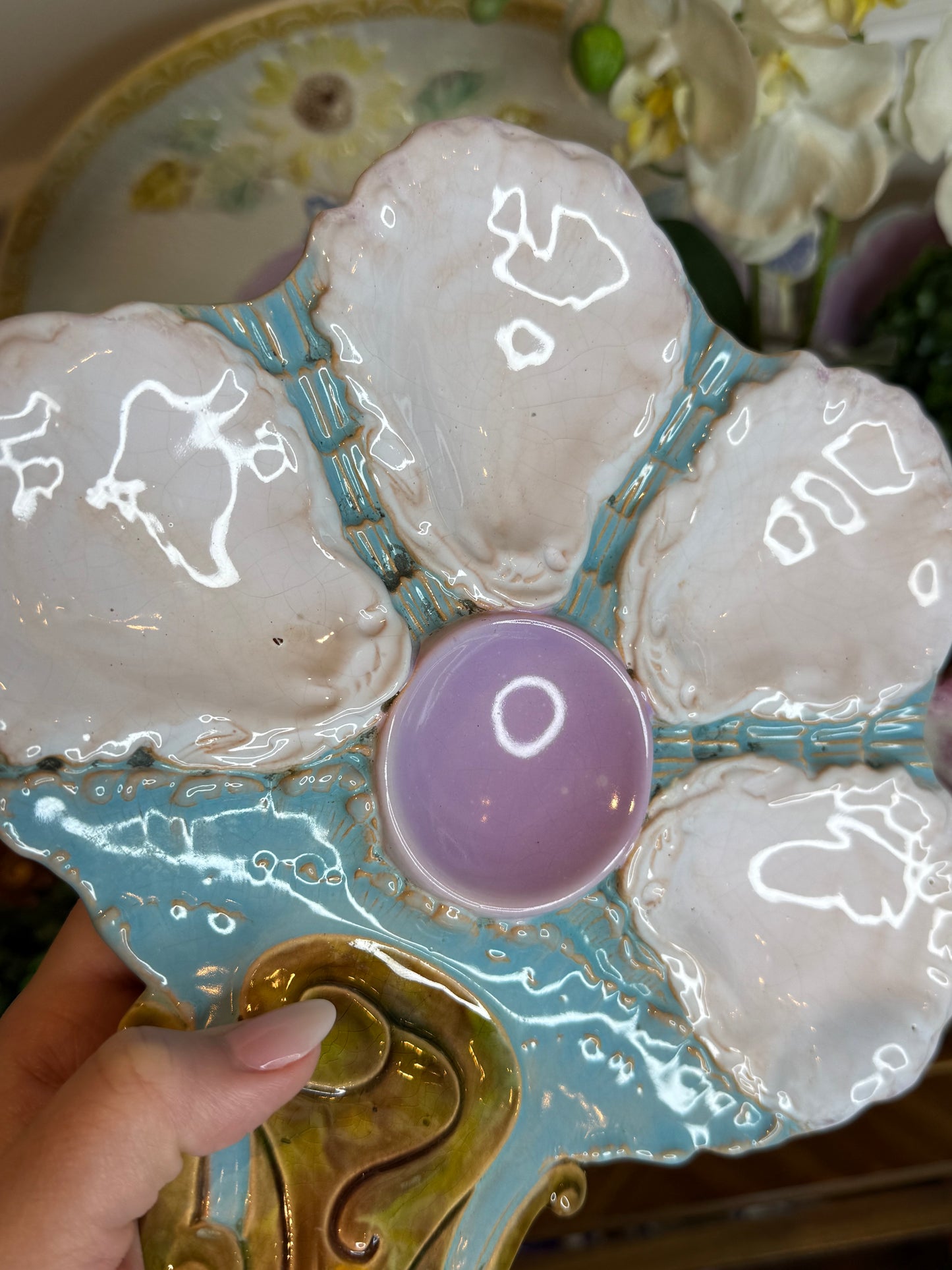 Antique French Majolica Oyster Plate Attributed to George Jones Boteler Style | 9” x 8.5”