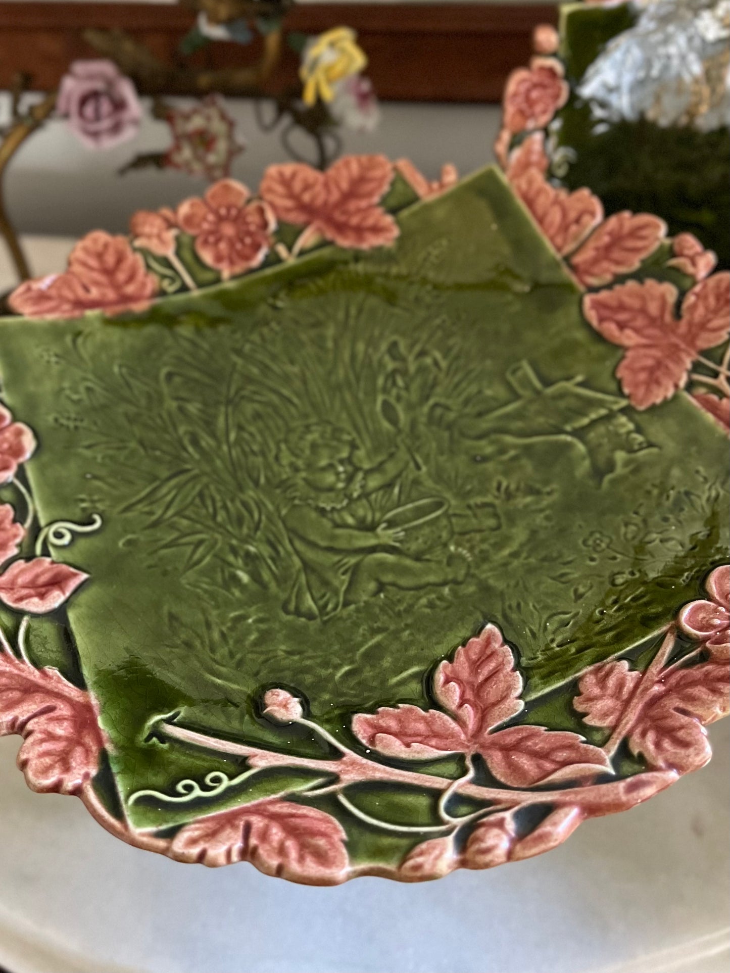 Rare Majolica Set - Antique Schütz Cilli Continental Dessert Service — Putto & Blossom, Set of 8 Plates + Cake Stand