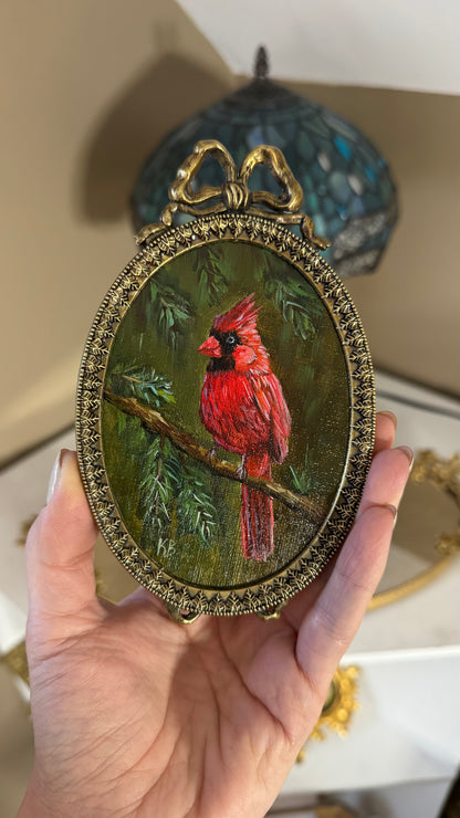 Cardinal bird original oil painting in brass vintage bow frame