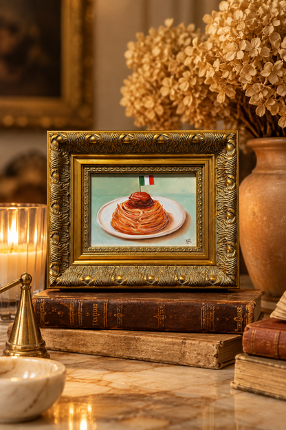 Italian Spaghetti and Meatballs Original Oil Painting Framed Kitchen Wall Art