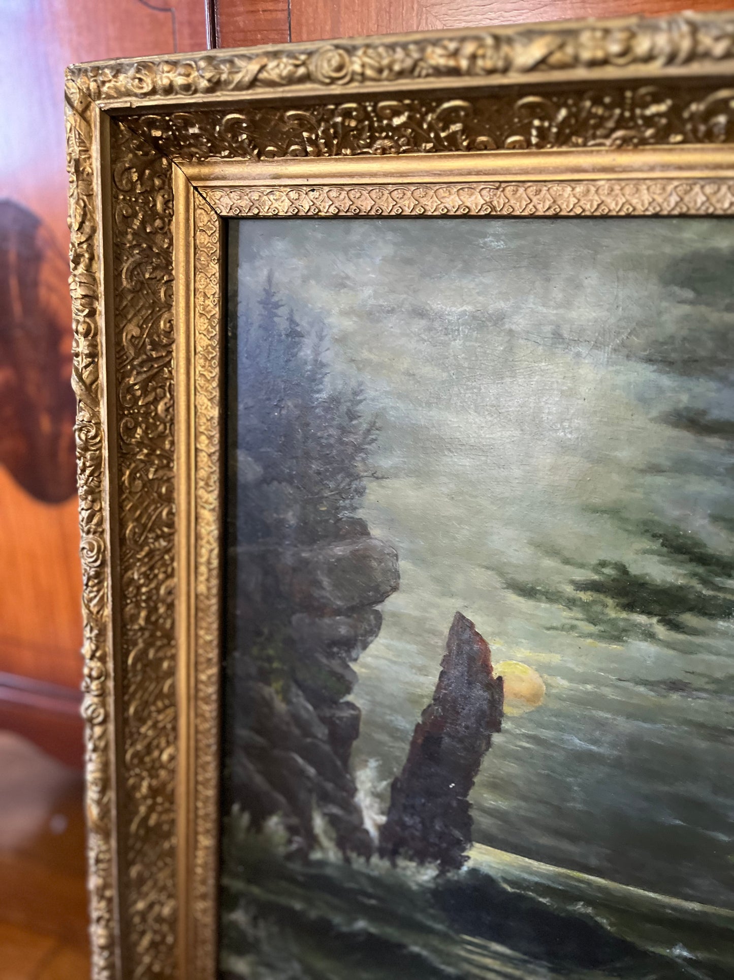 Sold Reserved Estate Antique Moody Coastal Seascape Original Fine Oil Paintings in Gilt Frames | Pair