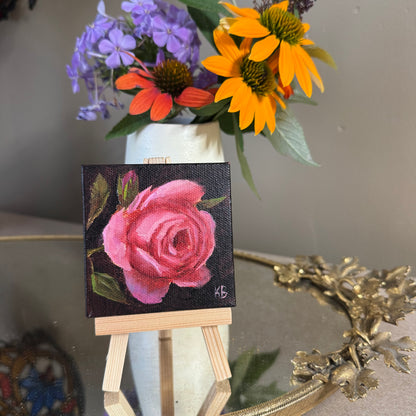 Mini art pink rose original oil paintings on stretched canvas 3x3”