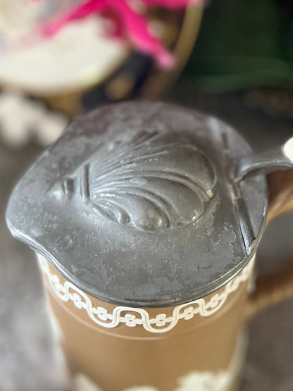 Live 06/22 Pair of Antique Dudson Brothers Brown Jasperware Jugs | Late 19th-Century Staffordshire | Neoclassical Relief with Pewter Lids
