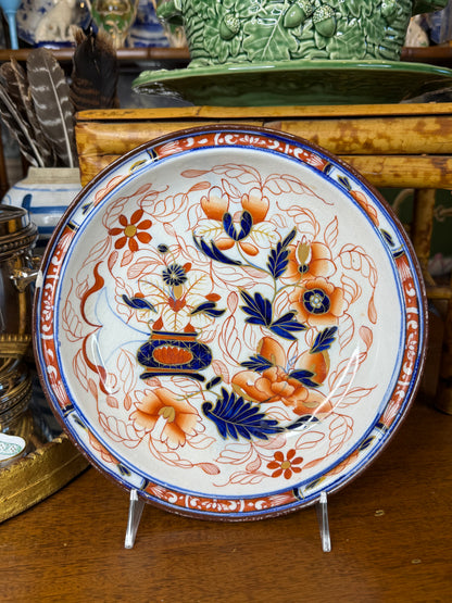 RESERVED - YVONNE - Antique English Ironstone Imari Floral Shallow Bowl | Cobalt Blue, Iron Red & Gilt | Staffordshire Style | 10”D **small chip**