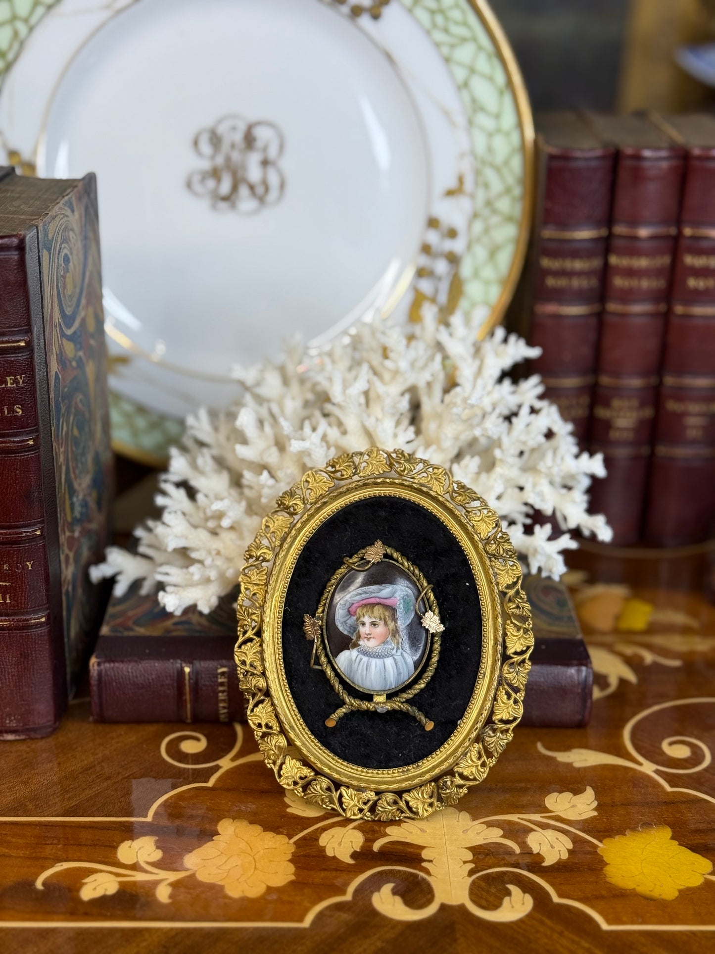 Antique Miniature Portrait of a Young Girl in Gilt Bronze Frame | 5x4” Hand-Painted Enamel