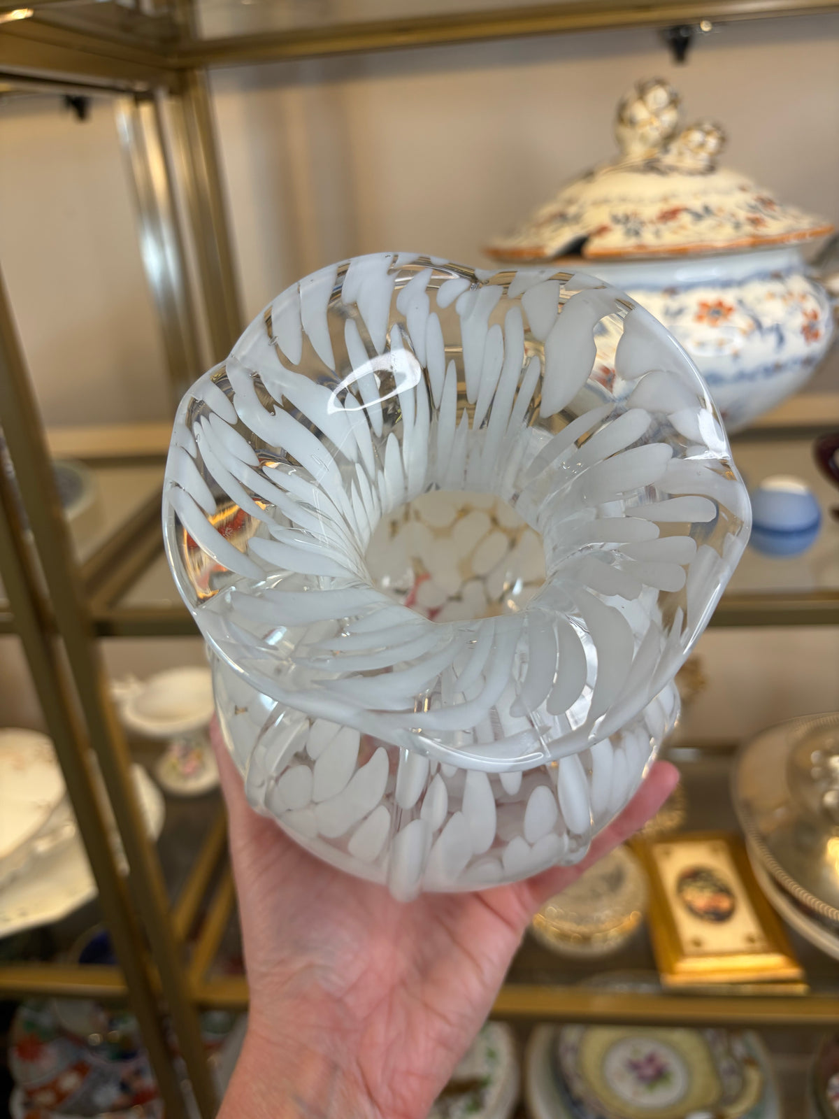 Lovely Ruffled edge white spotted vase!