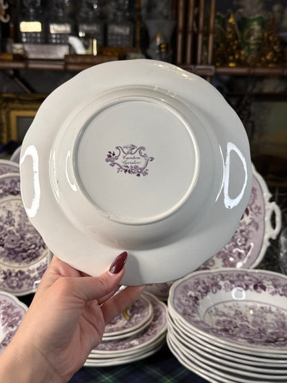 39 Pieces, Circa 1840 | Antique English Staffordshire “Canton Garden”Lavender/ Mulberry Transferware Dinner Service