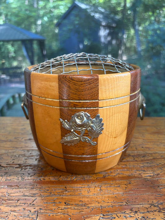 Vintage wooden bucket with flower frog!