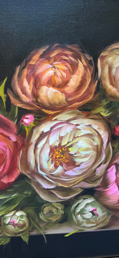 Large Peony Oil Painting in Ornate Gold Frame 44 x 36