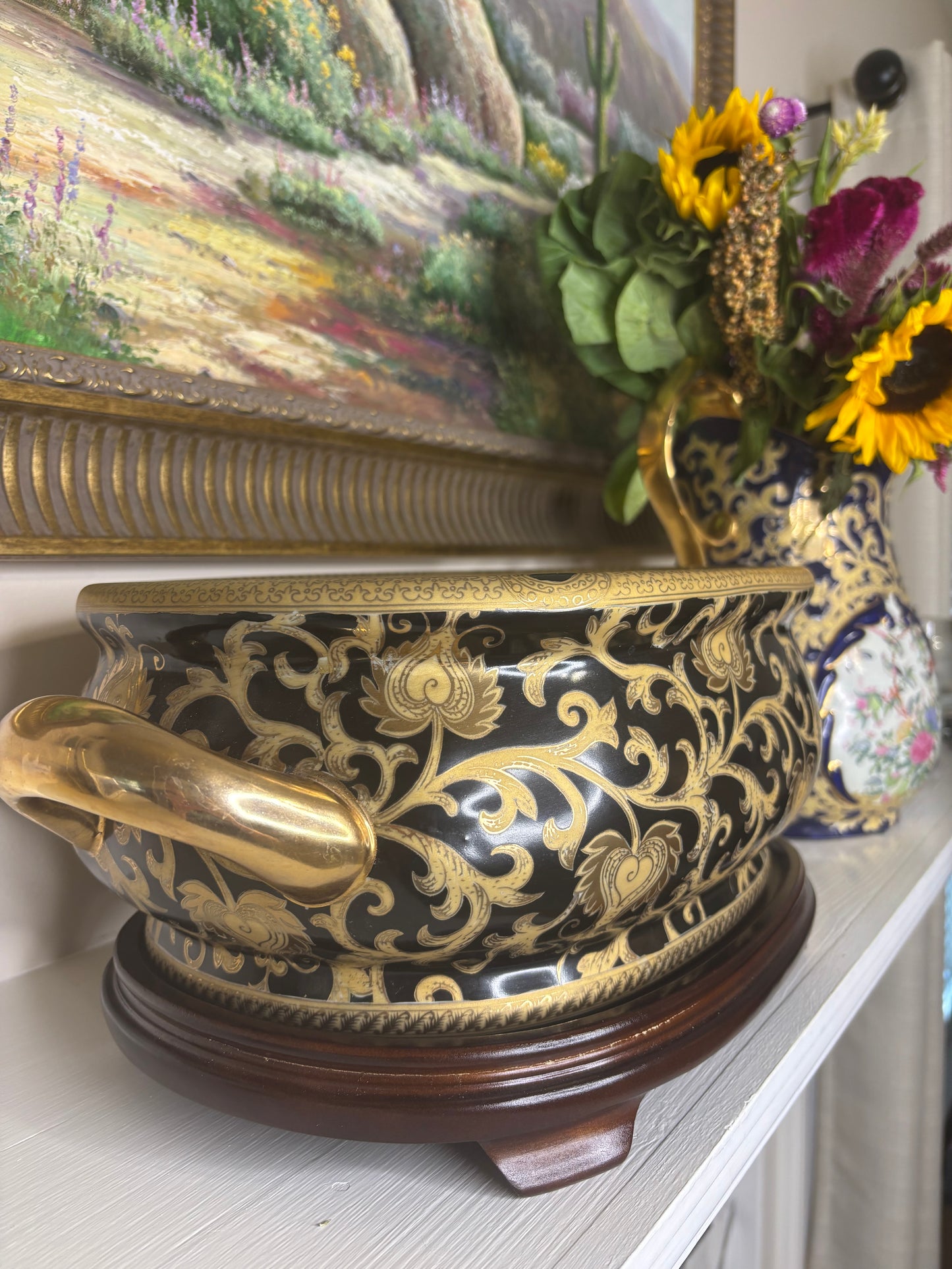 Stunning 18” Handpainted black and gold footbath  planter on stand!