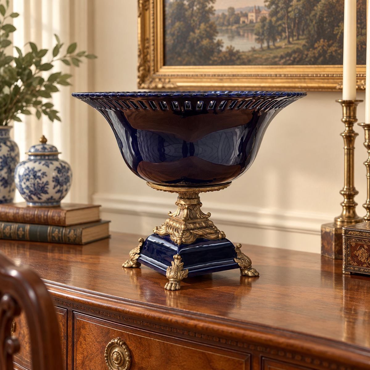 Large Royal Blue Porcelain & Bronze Compote | Pierced Rim | Classical Pedestal Base |