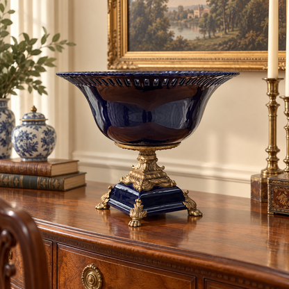 Large Royal Blue Porcelain & Bronze Compote | Pierced Rim | Classical Pedestal Base |