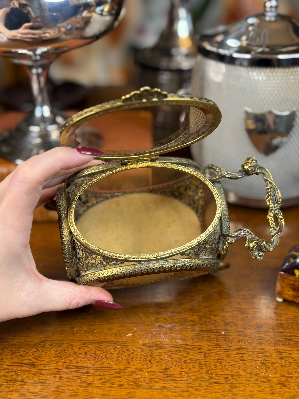Vintage Ormolu Carriage Jewelry Casket with Amber Bubble Glass– 6”L