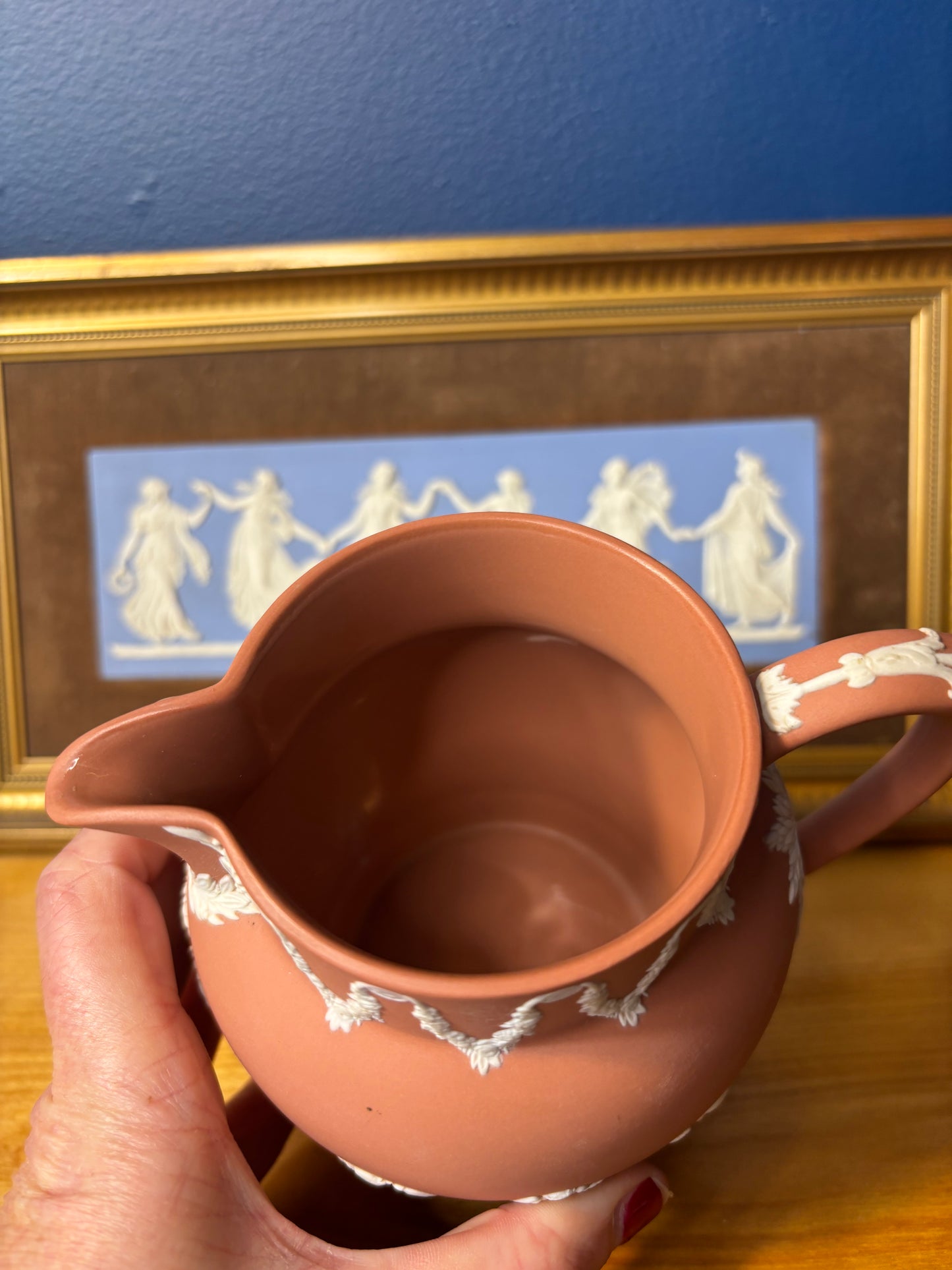 Wedgwood Jasperware terracotta pitcher with gorgeous floral borders!