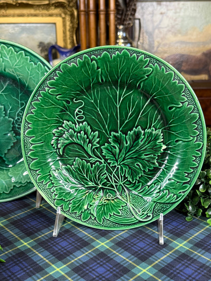 Antique Green Majolica Grape Leaf Plates | Pair | Circa Late 19th Century | 8.5”