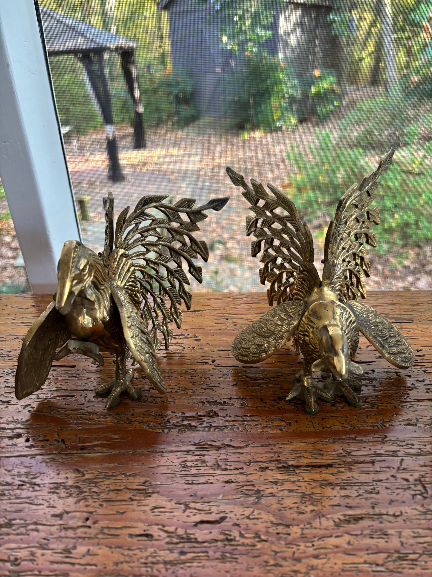 Brass fighting roosters pair!