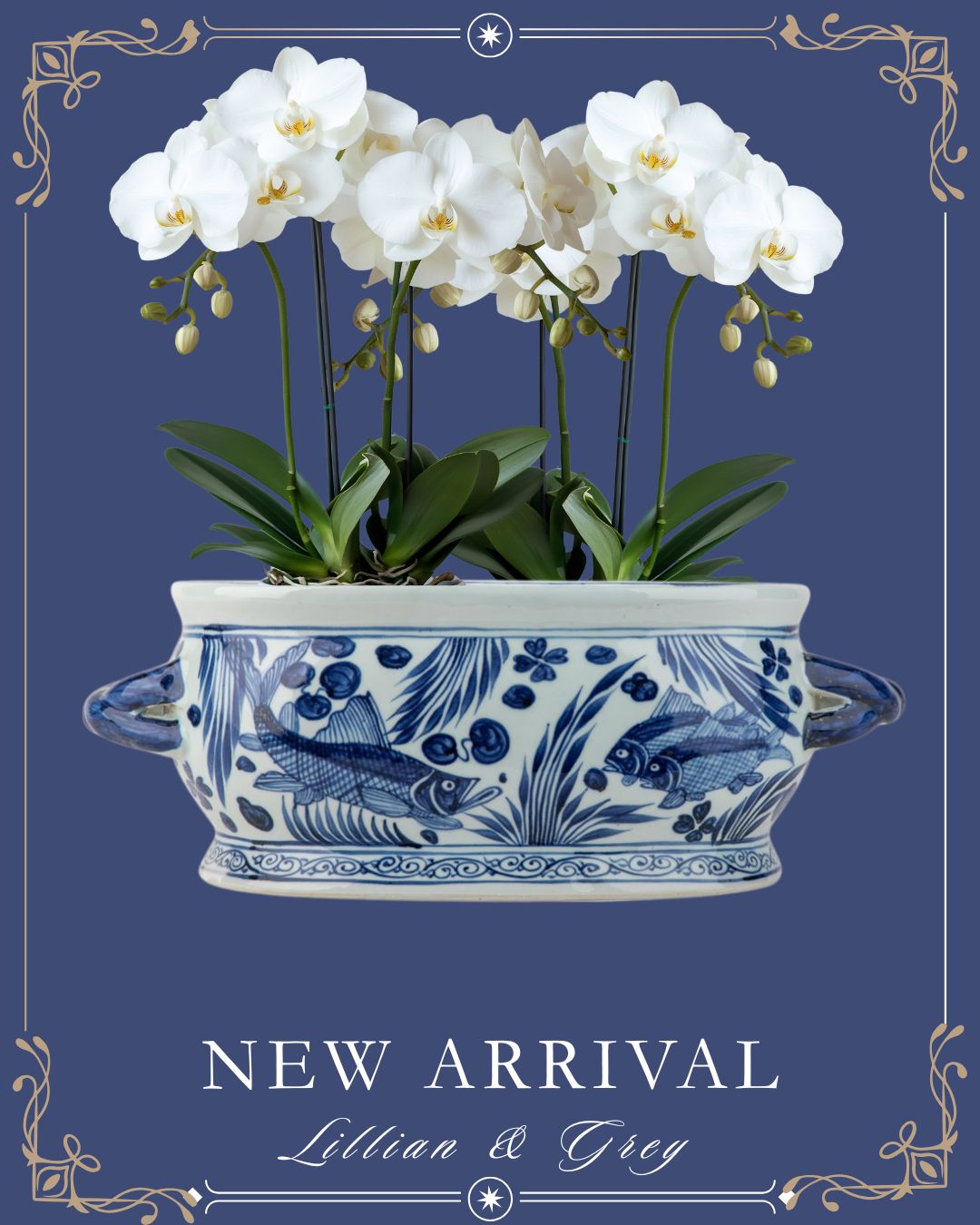 Danny's Fine Porcelain: Blue & White Porcelain Oval Footbath – Twin Handles | Fish & Water Garden Motif | 17.75”