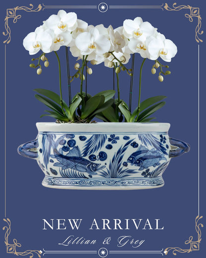 Danny's Fine Porcelain: Blue & White Porcelain Oval Footbath – Twin Handles | Fish & Water Garden Motif | 17.75”