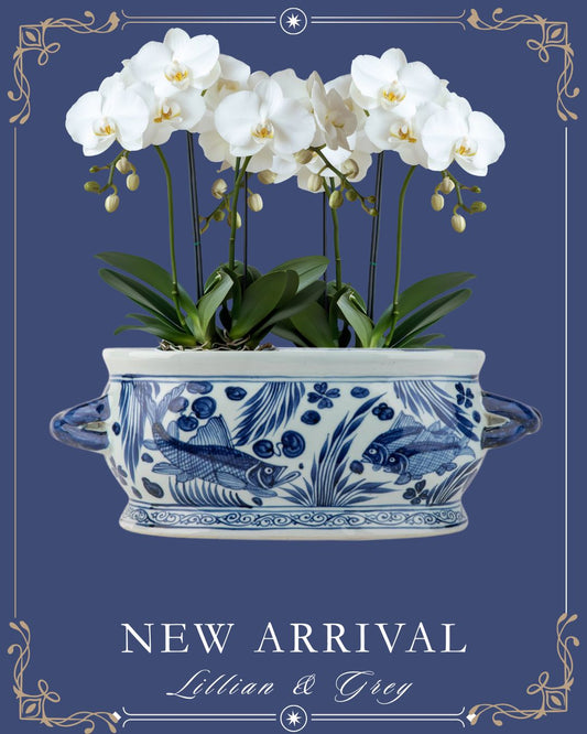 Danny's Fine Porcelain: Blue & White Porcelain Oval Footbath – Twin Handles | Fish & Water Garden Motif | 17.75”