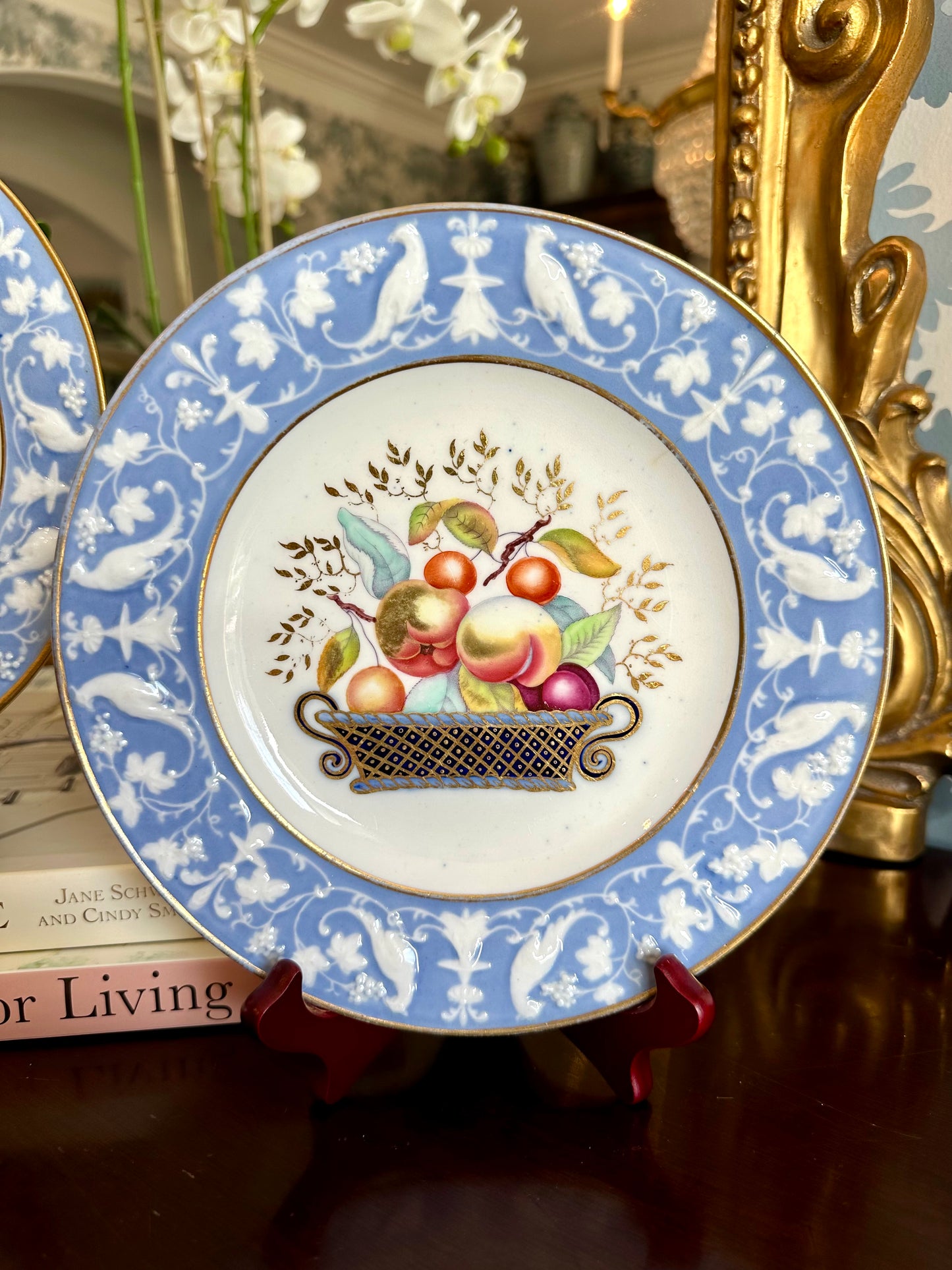 Fabulous Set of 3 Early 19thc Newhall English Lavender Blue Fruit Plates