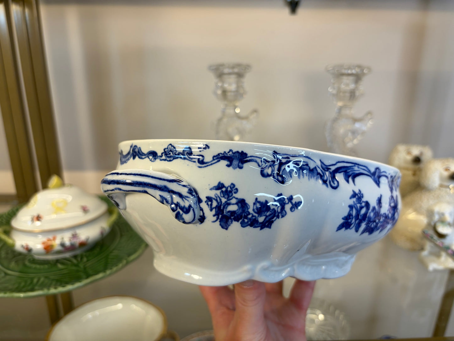 Stunning antique Ridgeways Royal Semi Porcelain lidded tureen in the Lorraine pattern, featuring intricate blue and white floral transferware and decorative side handles!