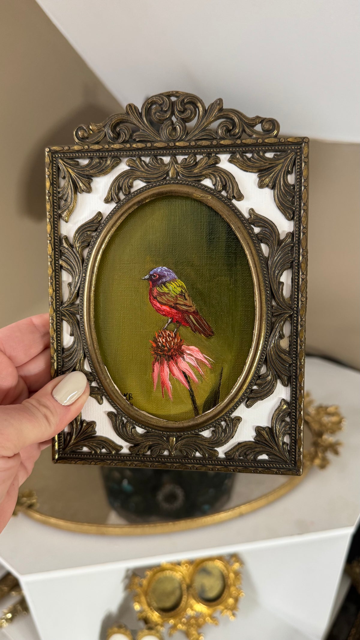 Day 3 challenge Painted bunting original oil painting in Italian brass vintage frame