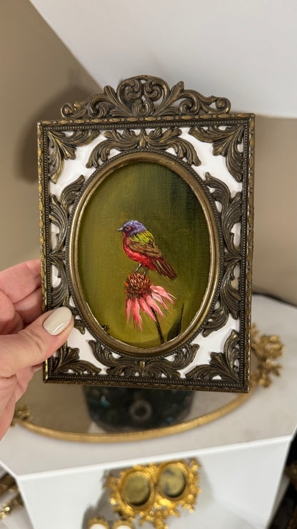 Day 3 challenge Painted bunting original oil painting in Italian brass vintage frame