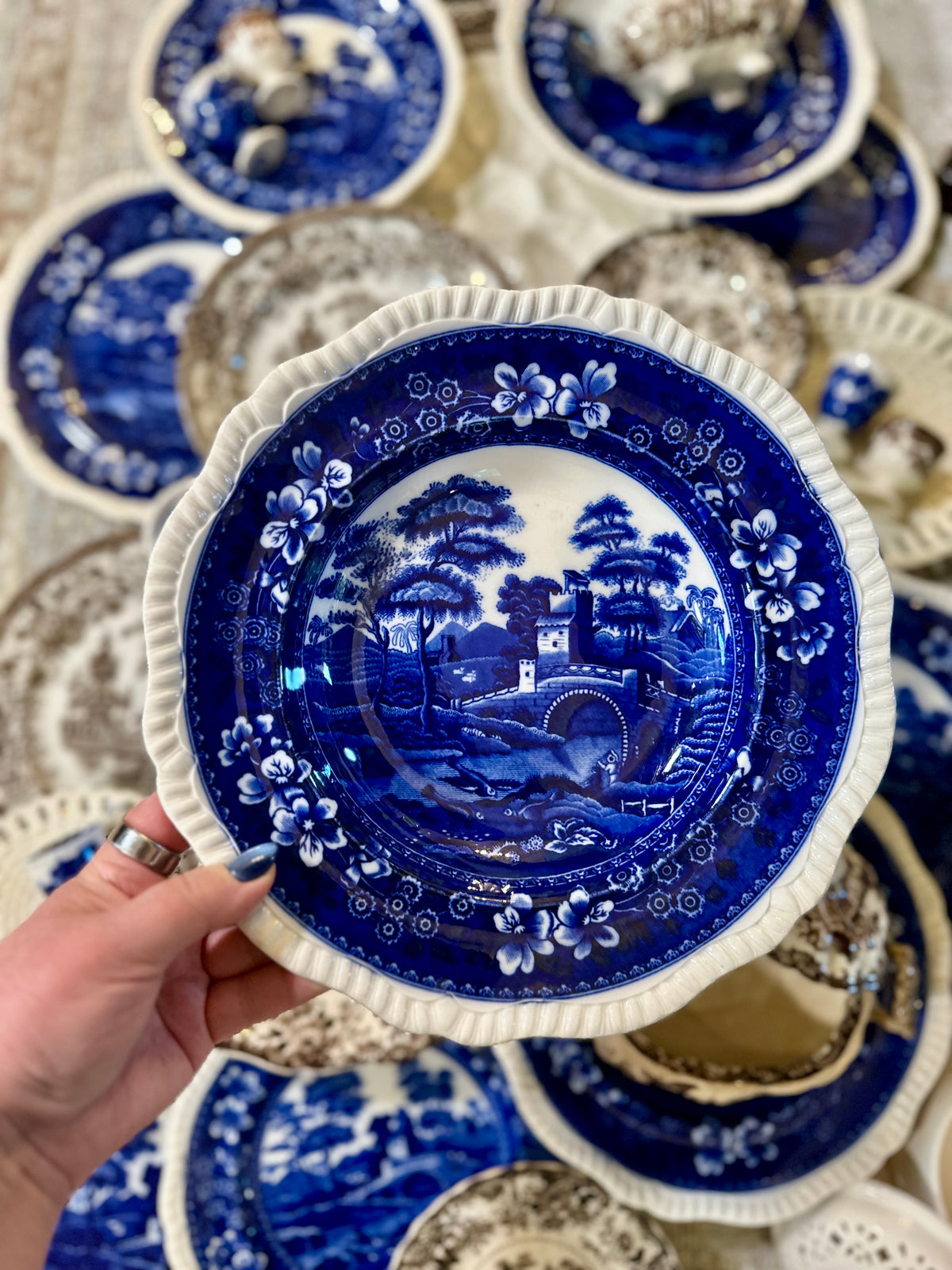 Pair Antique Copeland Spode Tower Blue Flat Soup Pasta Plates | November 1924