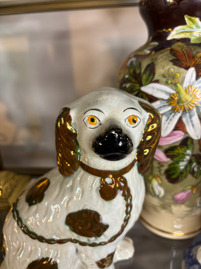 Stunning antique Staffordshire spaniel mantel dogs with lustre decoration pair!