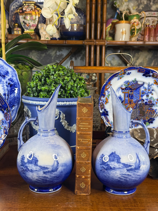 Pair of Keeling & Co. Blue & White Ship Ewers | 1886–1891 | 9"H x 15" Circumference | Style DA4502