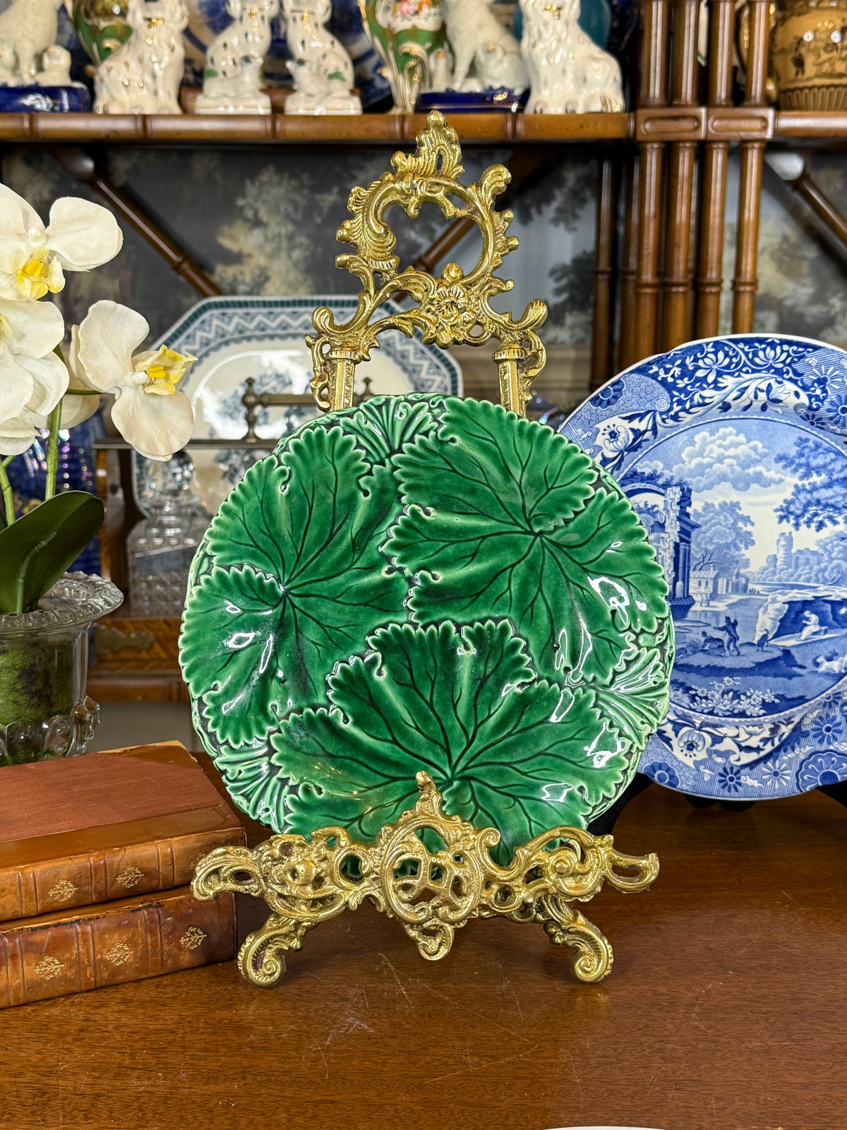 Antique Copeland Green Majolica Leaf Plate, Molded Botanical Design, English, c.1870–1890, 8.5” D | #DA4590