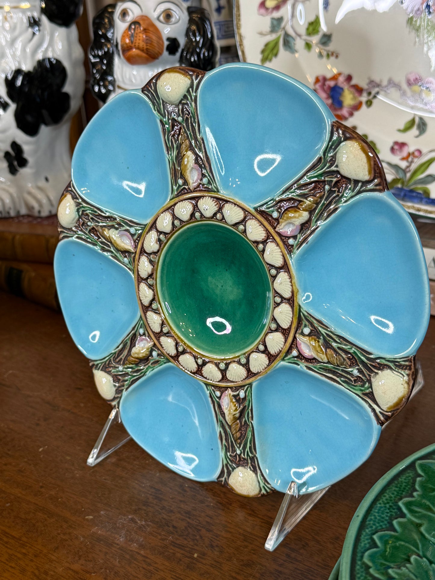 Antique Minton Majolica Oyster Plate | Turquoise & Shell Motif | 9” Diameter