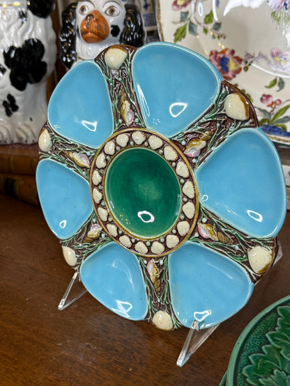 Antique Minton Majolica Oyster Plate | Turquoise & Shell Motif | 9” Diameter