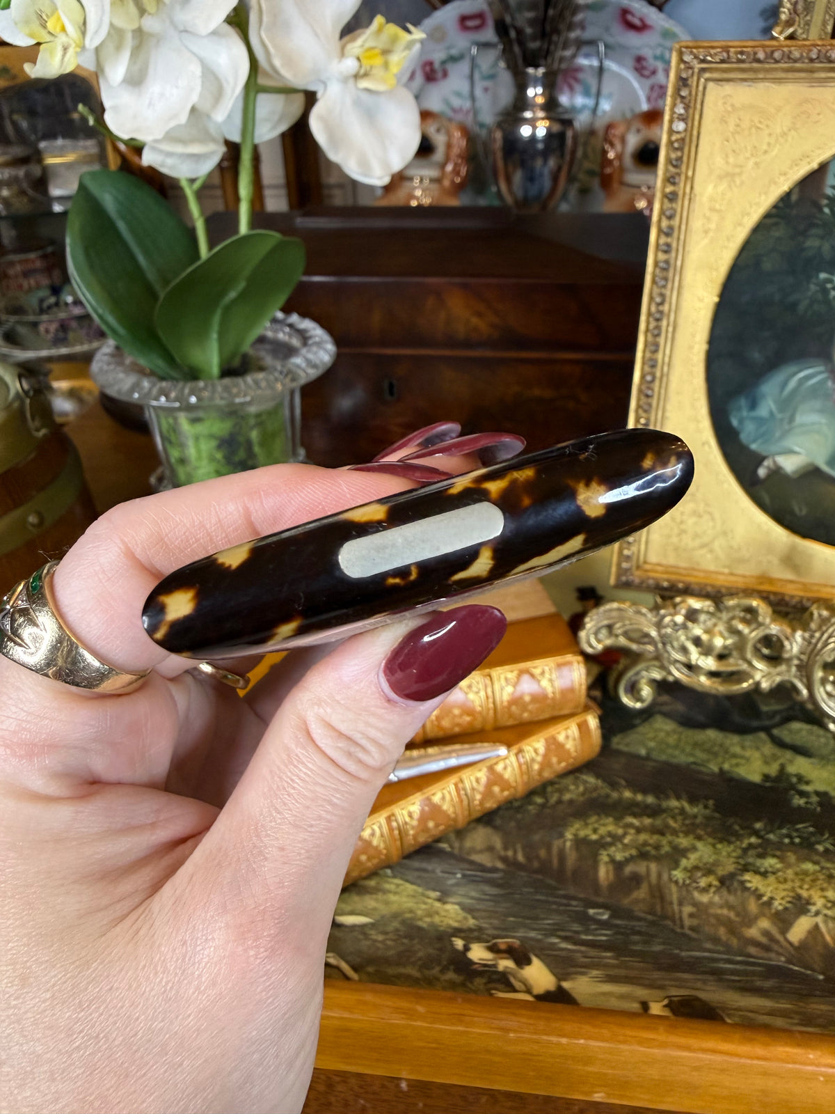 Antique Victorian Tshell🤎🐢 Calling Card Case | Mother-of-Pearl & Abalone Floral Inlay | Sterling Silver EF Monogram | 4” × 3”