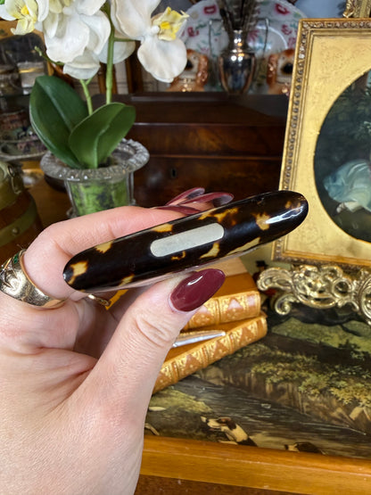 Antique Victorian Tshell🤎🐢 Calling Card Case | Mother-of-Pearl & Abalone Floral Inlay | Sterling Silver EF Monogram | 4” × 3”