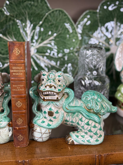 Danny’s Fine Porcelain - Teal & White Fishnet Spaniel Foo Dog Figure Pair W/ Gold Accent: 7Lx3.5Wx5.5H