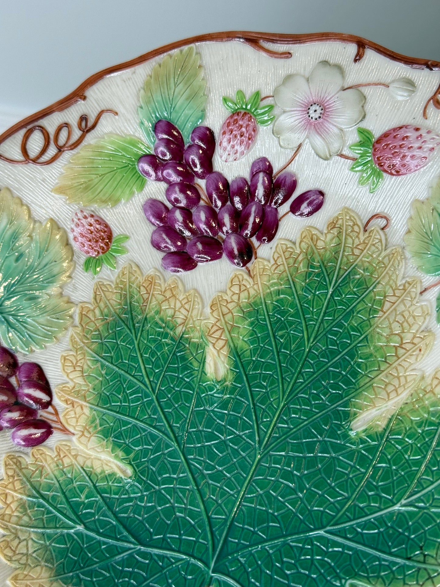 Pair of Antique Victorian Majolica-Style Botanical Plates | 8.5" Diameter
