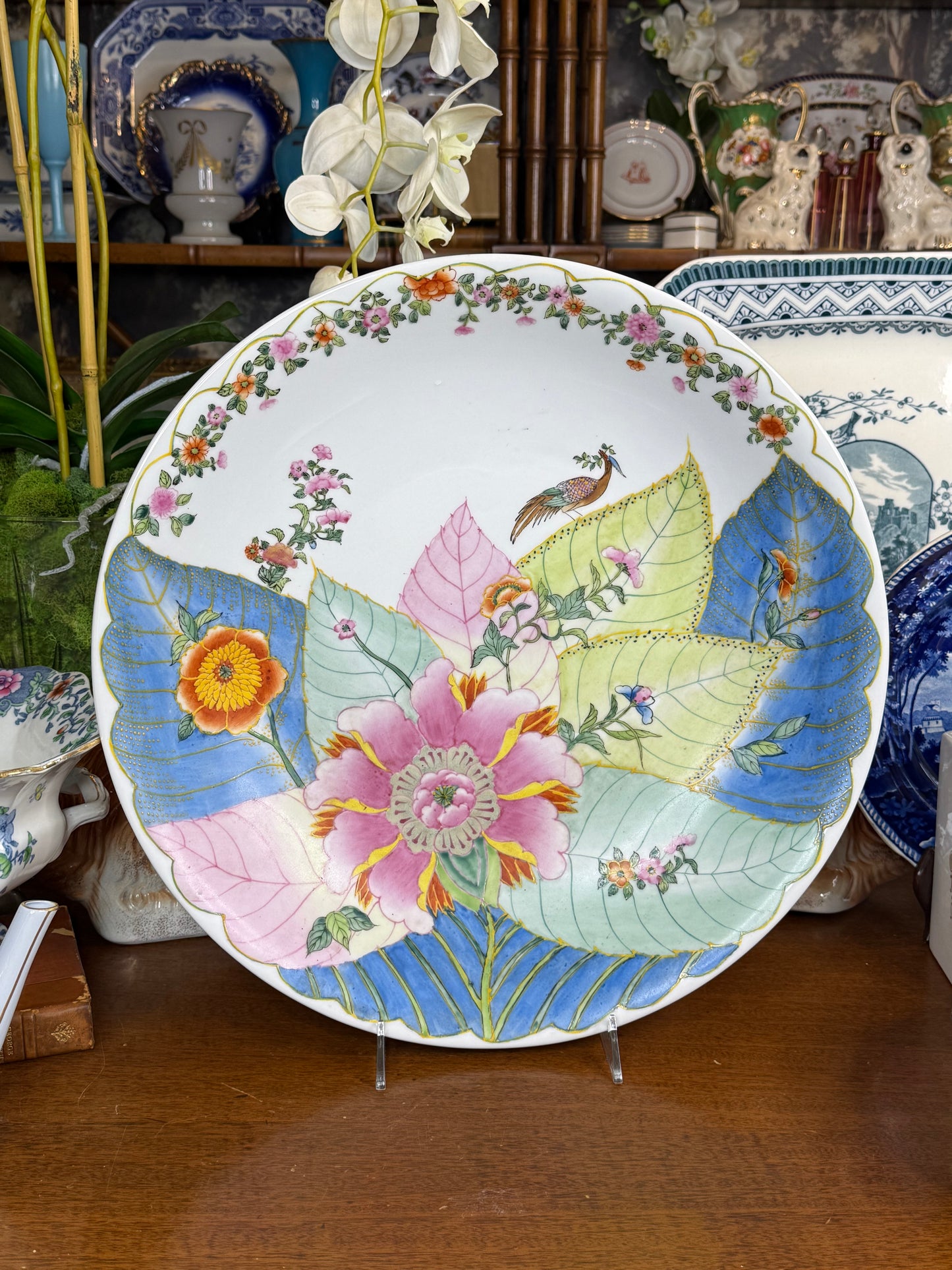 Vintage Chinese Tobacco Leaf Porcelain Charger | Famille Rose Bird & Floral Design | 16.5”