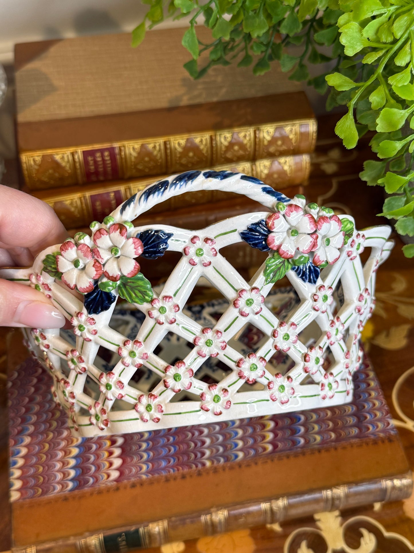 Rare Antique Booths Silicon China “Scale Blue” Exotic Birds Pierced Fruit Basket | 9” x 8”