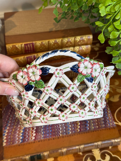 Rare Antique Booths Silicon China “Scale Blue” Exotic Birds Pierced Fruit Basket | 9” x 8”