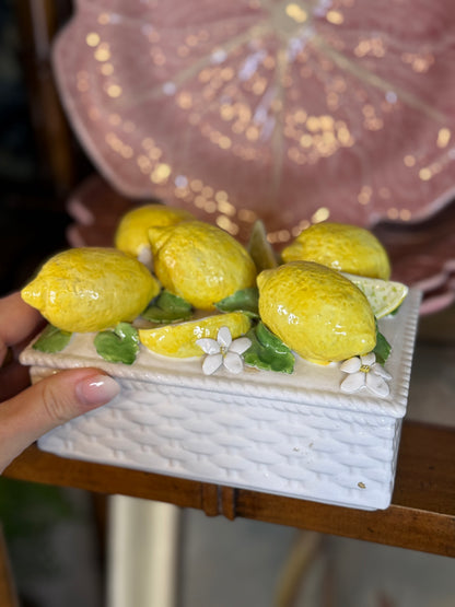 Vintage Italian Lemon Ceramic Set | Lidded Lemon Box & Matching Trinket Dish | Hand-Painted Italy