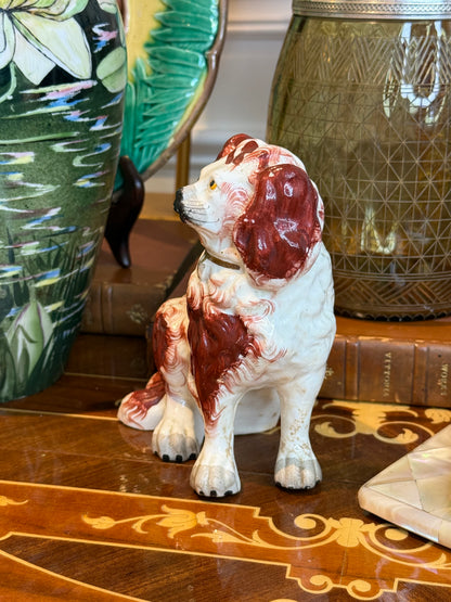 Antique Staffordshire Spaniel Figure c.1880–1900 Red & White Pottery Dog 5.5” Tall