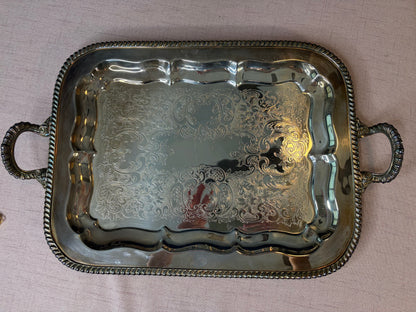 Lovely engraved 1935 silverplate over copper tray with handles!